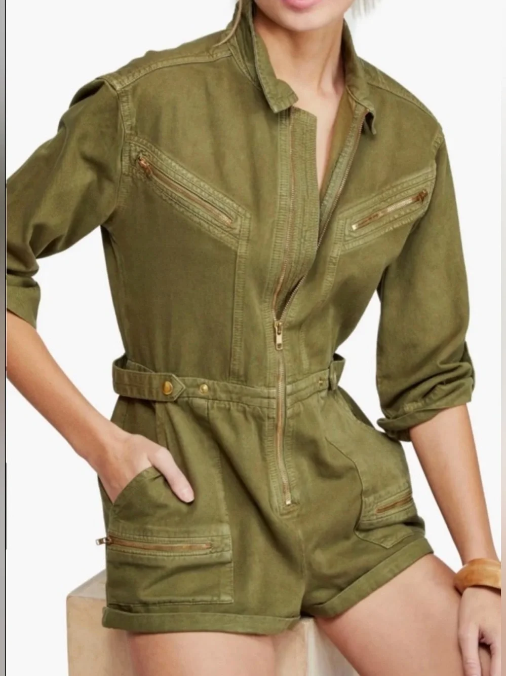 Free People Olive Green Zipper Utility Romper - Size 6 - Picture 2 of 7